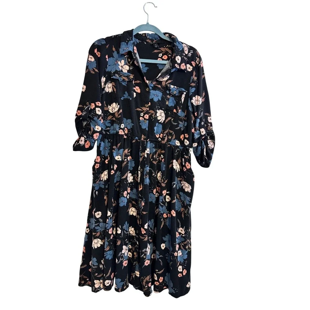 Torrid‎ Floral Button-Down Midi Dress With Rolled Sleeves & Pockets 1X